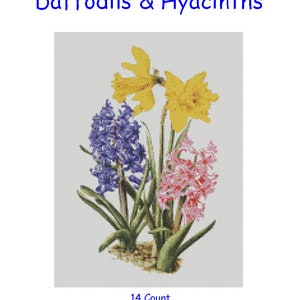 May include: Cross stitch chart pattern for a floral arrangement of daffodils and hyacinths. The chart is 150 stitches wide by 200 stitches high, and measures approximately 10 3/4 inches by 14 1/2 inches, or 27.2 cm by 36.3 cm.