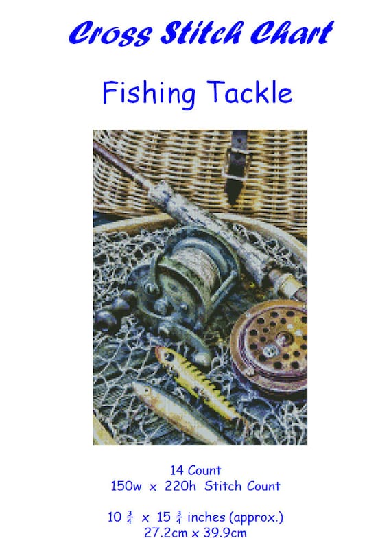 cross net fishing Cross Stitch Chart, Pattern, Fishing, Tackle, Rod, Reel, Net, Lure, Game,  Fly, River