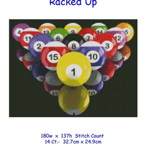 May include: A cross stitch chart pattern of a pool table with a rack of billiard balls. The balls are numbered 1 through 15, with the cue ball in the center. The chart is 180 stitches wide by 137 stitches high, and measures 32.7 cm by 24.9 cm.