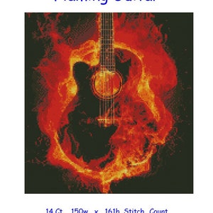 Cross Stitch Chart, Pattern, Flaming, Guitar, Spanish, Acoustic, Art