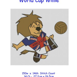 Kreuzstichvorlage, Muster, WM Willie, Maskottchen, Fußball, Fußball, Löwe, 3 Löwen, England, 1966