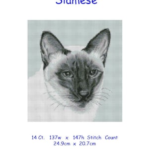 May include: Cross stitch chart pattern of a Siamese cat with blue eyes. The chart is 14 count and measures 24.9 inches by 20.7 inches.