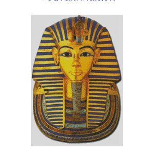 Op de afbeelding: Kruissteekdiagram van het gouden masker van Toetanchamon, een Egyptische farao. Het diagram is 180 steken breed en 257 steken hoog en meet 32,7 cm x 46,6 cm.