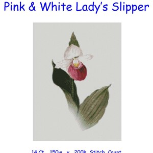 May include: Cross stitch chart pattern for a pink and white lady's slipper flower. The chart is for 14 count fabric and measures 150 stitches wide by 200 stitches high, or 27.2 cm by 36.3 cm.
