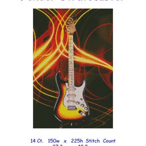 May include: Cross stitch chart pattern of a Fender Stratocaster electric guitar with a yellow, orange, and red gradient finish. The guitar is set against a black background with orange and red lines. The chart is 14 count and measures 27.2 cm by 40.8 cm.