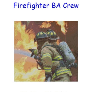 May include: Cross stitch pattern of a firefighter wearing a breathing apparatus and helmet, fighting a fire. The pattern is 150 stitches wide and 143 stitches high, and measures 27.2 inches by 25.9 inches.
