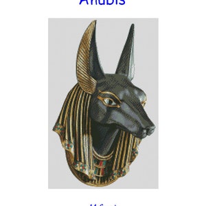 May include: Cross stitch chart pattern of Anubis, the Egyptian god of the dead, with a jackal head, gold and black colors, 14 count, 150 stitches wide by 230 stitches high, 10 3/4 inches by 16 1/2 inches, 27.2 cm by 41.7 cm.
