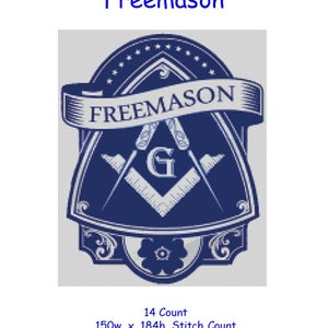 Könnte beinhalten: Ein Kreuzstich-Chart-Muster mit einem blauen und weißen Freimaurer-Symbol mit dem Text "FREEMASON" und einem "G" in der Mitte. Das Diagramm ist 150 Stiche breit und 184 Stiche hoch und misst 27,2 cm x 33,4 cm.