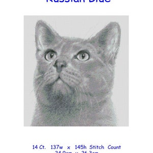 May include: Cross-stitch chart pattern of a Russian Blue cat with blue eyes, 14 count, 137 stitches wide by 145 stitches high, 24.9 cm by 26.3 cm.