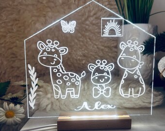 Personalisierte süße Giraffe Familie als Nachtlampe aus Acryl. Babygeschenk zum Geburt,Taufe Geburtstags Geschenk für Kinderzimmer als Dekor