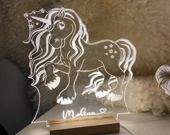 Personalized unicorn 3D night lamp made of acrylic, children's girls gifts, gifts for birth, baptism, birthday. Nursery decor