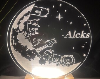 Personalisierte  Nachtlampe aus Acryl. Süße Animal Familie auf dem Mond Babygeschenk zum Geburt,Taufe Geburtstags Geschenk für Kinderzimmer