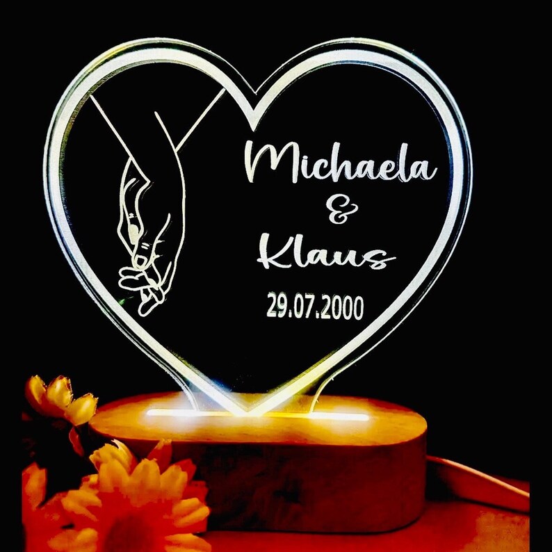 Personalized acrylic lamp heart, bedside lamp, romantic partner gift. Love lamps, wedding gift, Valentine's Day image 1