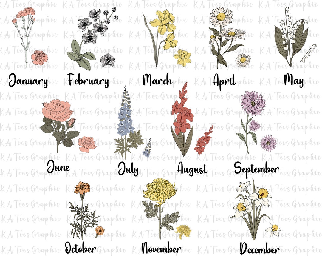 Birth Month Flowers Clipart, Antique Floral PNG Bundle, DIY Birth Month ...