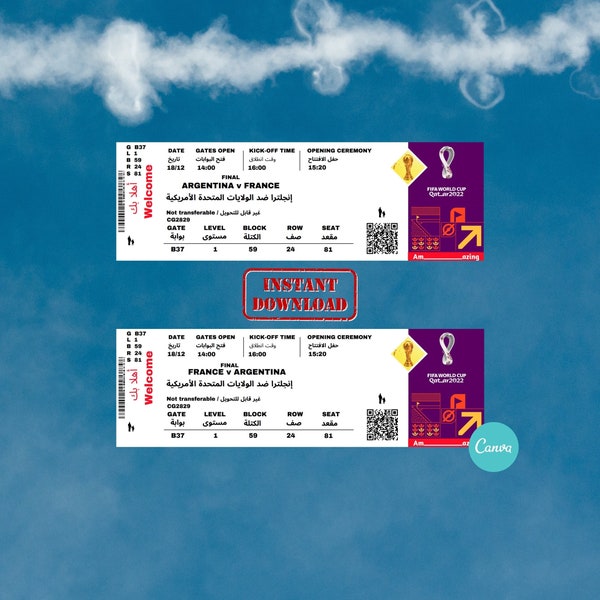 Editable WC22 Canva Ticket Template, Souvenir WC22 Ticket, Best Ticket, Surprise Gift, World Cup Canva, Digital Download, wc final