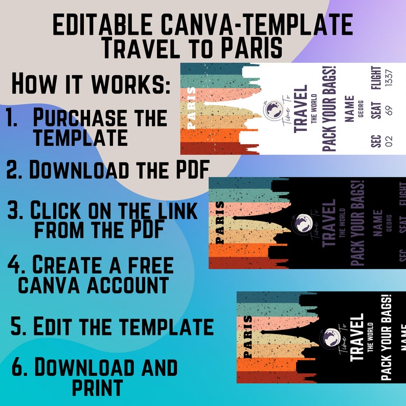 Editable Boarding Pass Template, Printable Boarding Ticket to PARIS, Canva Template Boarding