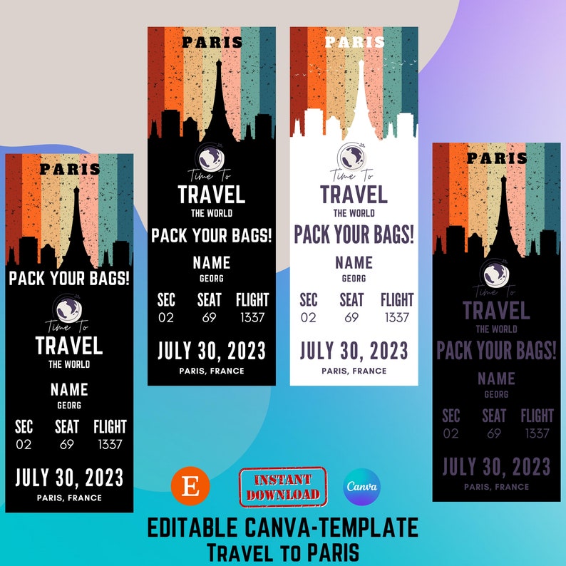 Editable Boarding Pass Template, Printable Boarding Ticket to PARIS, Canva Template Boarding ...