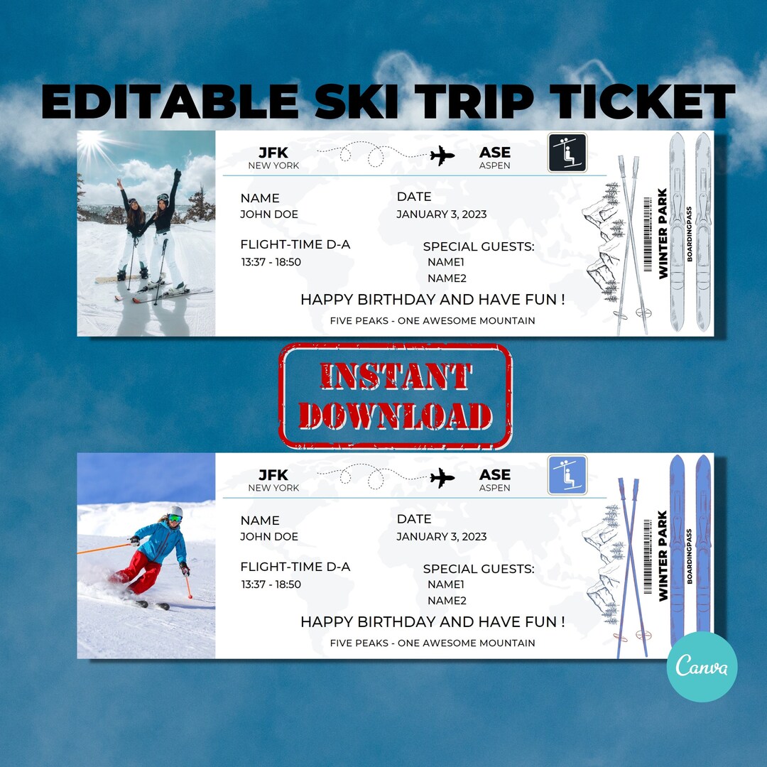 Editable Ski Trip Invite, Printable Boarding Pass Ski, Canva Boarding ...