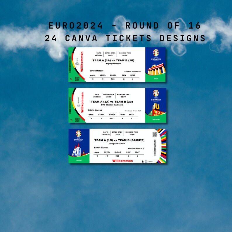 Editable EURO 2024 Knockout Round of 16 Canva Ticket Templates, Souvenir EURO2024 Ticket