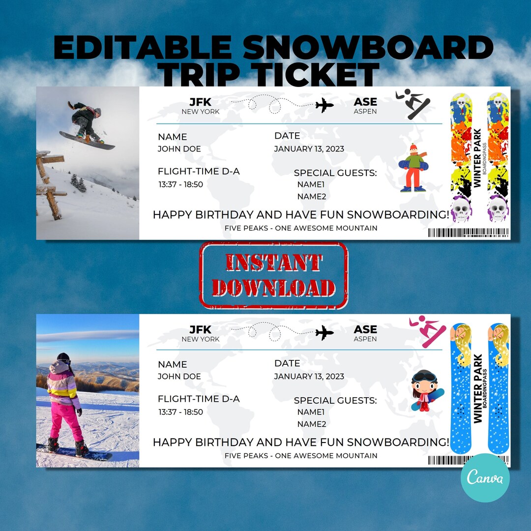 Editable Snowboard Trip Invite, Printable Boarding Pass Snowboard