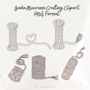May include: A set of five hand-drawn illustrations of macrame cord in various shapes and colors. The cord is shown in a natural beige color and a light pink color. The illustrations are perfect for crafting projects and digital designs.