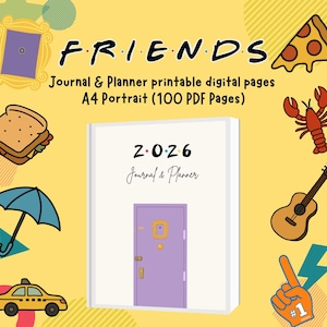 May include: A digital journal and planner with a Friends theme. The cover features a purple door, the text "2026 Journal & Planner", and the Friends logo. Includes pizza, a lobster, a guitar, and other related icons.
