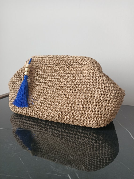 Pochette Estiva In Paglia Con Fiocco – Borsa Da Spiaggia E Sera In Rafia, Per Matrimoni E Feste (23.9x14 Cm)