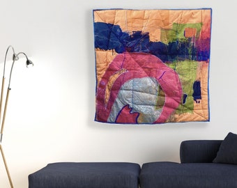 Large Abstract Textile Wall Hanging, Orange Patchwork Fabric Art, Handmade Embroidered Quilted Tapestry, Navy Blue Organic Shape Artwork