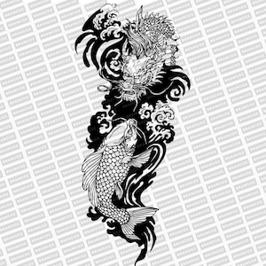 Può includere: Illustrazione in bianco e nero di un drago e una carpa koi che nuotano in un motivo a onda vorticoso. Il drago ha un'espressione feroce e denti affilati. La carpa koi nuota verso l'alto con le pinne spiegate.