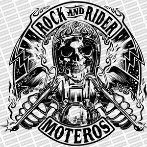 Könnte beinhalten: Schwarz-weiß-Illustration eines Schädels, der einen Motorradhelm trägt und ein Motorrad fährt. Der Schädel ist von Flammen umgeben und die Worte "Rock and Rider" sind darüber geschrieben. Die Worte "Moteros" sind unter dem Motorrad geschrieben.