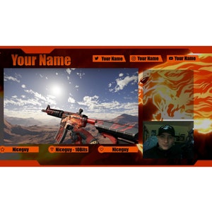 May include: A red and black video game weapon with a fiery design. The weapon is in front of a desert landscape with a bright sun in the sky. The image also includes a person's face in a small window in the upper right corner. The text "Niceguy - 108Bits" is visible in the lower center of the image.