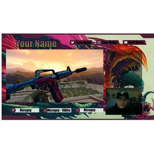May include: A colorful video game streaming overlay with a sunset background, a person in a webcam, and a digital illustration of a dragon. The overlay includes the text "Your Name" and the social media icons for Twitter, Instagram, and YouTube. The overlay also includes the text "Niceguy" and "Niceguy - 108bits".