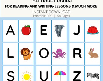 May include: Alphabet flashcards with colorful illustrations. Each card features a letter of the alphabet, a corresponding image, and the letter in black text. The images include an apple, elephant, jelly, lion, octopus, rabbit, sun, umbrella, and zebra.