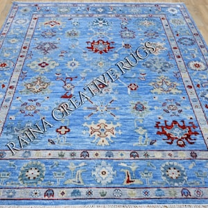 Oushak Design Rug in Pale Blue, Blue 8x10 Rug, Modern Turkish Rug, Oversize Luxury rug, hand knotted for living room, kids room rugs.