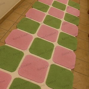 Hand tufted pink and green checkered runner rug for hallways; modern indoor hallway rug, 2.6x12 ft.