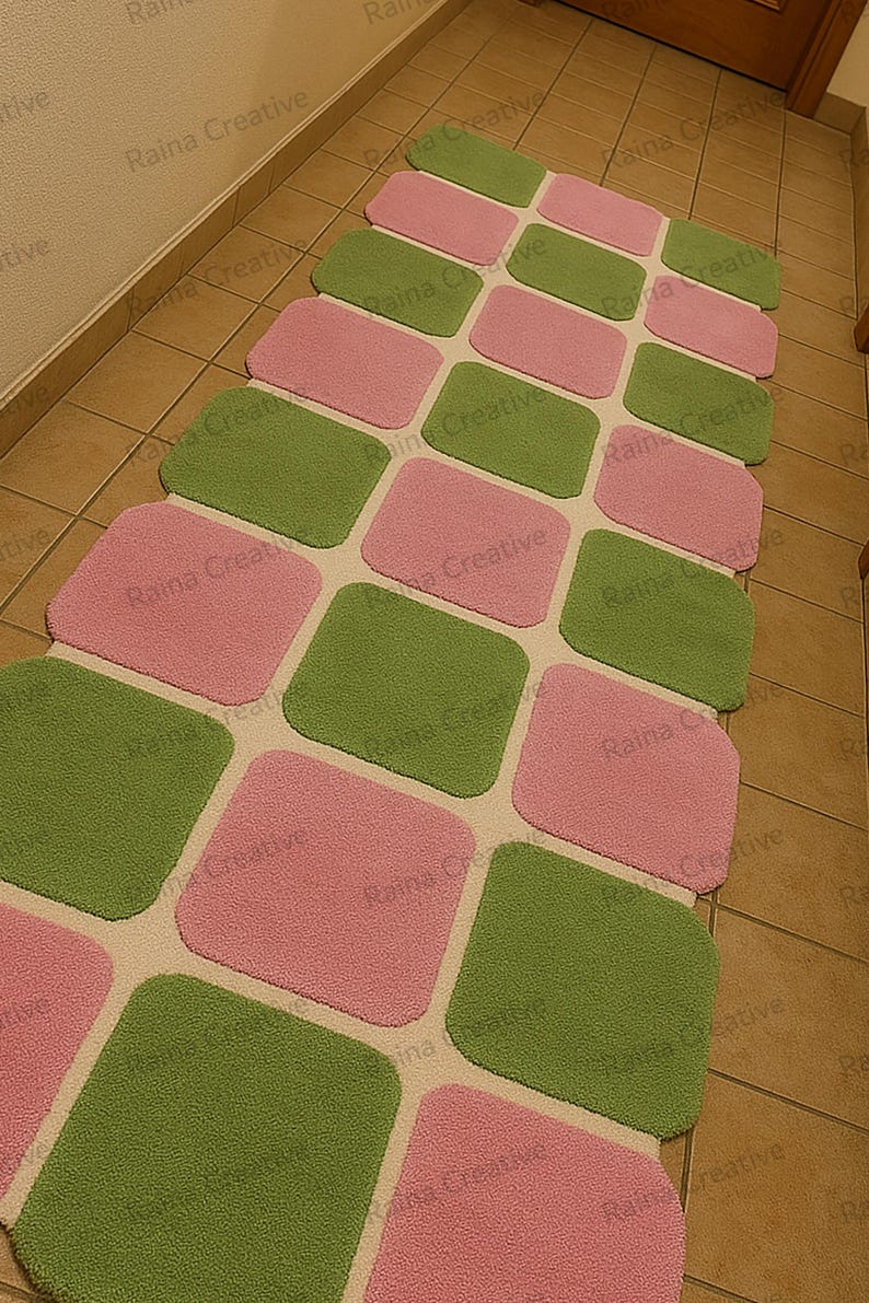 Hand tufted pink and green checkered runner rug for hallways; modern indoor hallway rug, 2.6x12 ft.