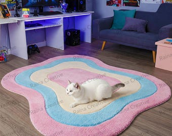 Hand Tufted Wavy Rug, Pastel Pink Blue, Kawaii Room Decor, 5x7 ft