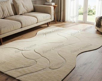 Tappeto in lana trapuntato a mano, irregolare, color crema neutro – Moderno tappeto astratto 3D ondulato, estetica per soggiorno, camera da letto e ufficio.