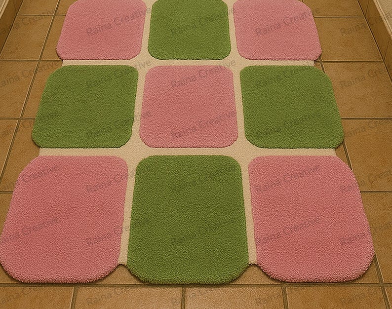 Pink and green hand-tufted runner rug arranged in a pink-green checkered grid on a tiled hallway floor.