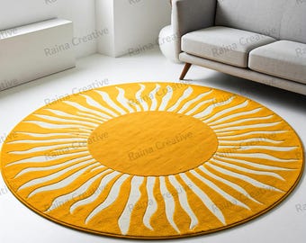 Hand Tufted Sunburst Round Rug: Mustard Yellow Boho Rug