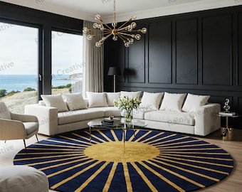 Sunburst Round Hand Tufted Rug – 8ft – Navy Blue & Mustard Yellow Modern Wool Carpet