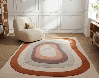 Hand-Tufted Wool Rug | Wavy Abstract Earth Tone Carpet for Living Room