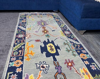 Hand Knotted Oushak Wool Runner Rug, Turkish Floral Hallway Entryway Rug