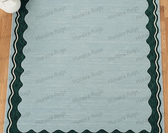 Handgetuft tapijt met golvende rand – 9 x 12 ft modern wollen tapijt in saliegroen en blauw