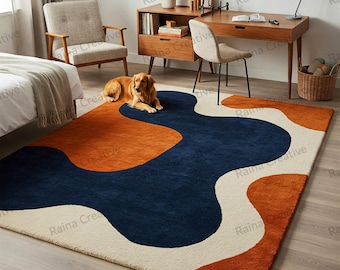 Alfombra abstracta de lana - Colores azul marino, naranja quemado y crema