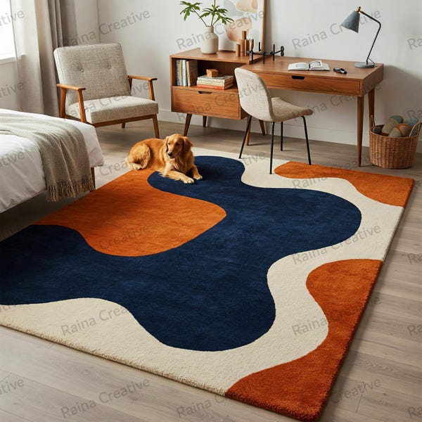 Abstract Wool Rug - Navy Blue, Burnt Orange & Cream Colors