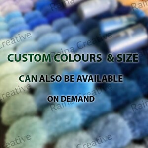 Multicolor yarn skeins in pink, blue, and green with overlay text about custom colours and sizes for a hand tufted rug.