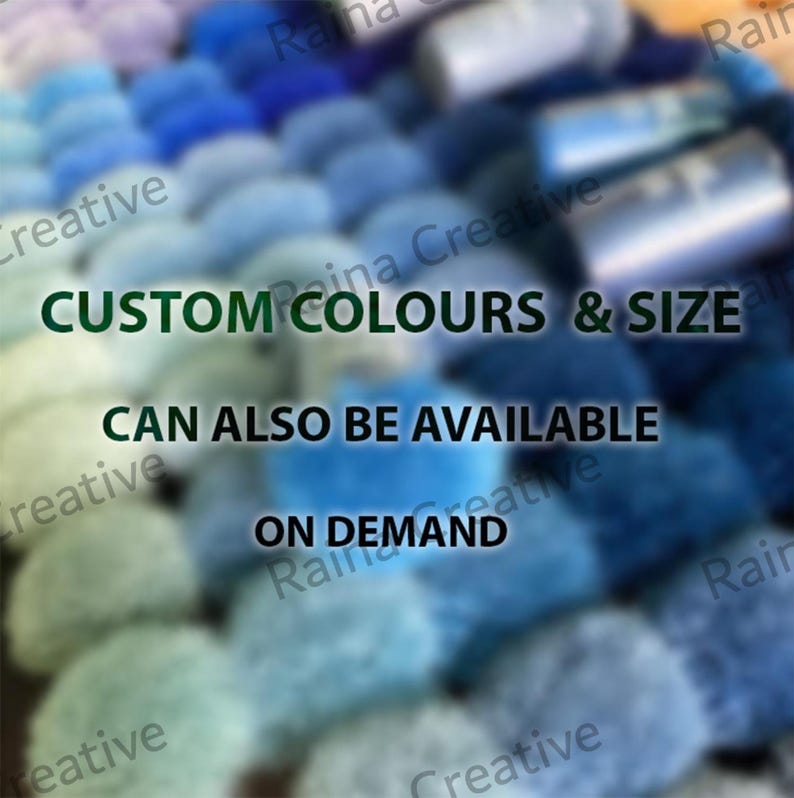 Multicolor yarn skeins in pink, blue, and green with overlay text about custom colours and sizes for a hand tufted rug.