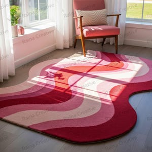 5x8 Hand Tufted Wavy Rug – Retro Pink & Red Aesthetic Carpet for Bedroom or Living Room