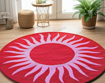 Sunburst Round Rug: Red & Pink Bohemian Floor Decor